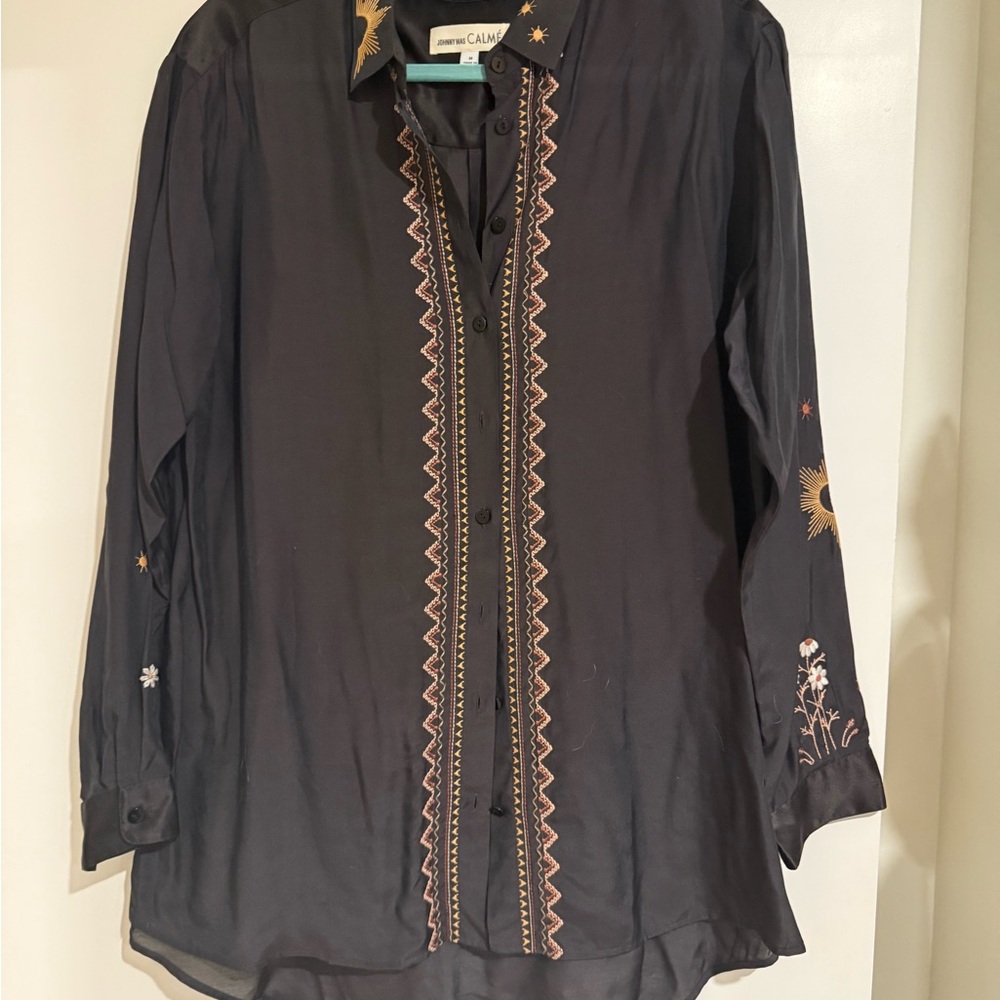 Johnny Was Embroidered Black Button-Up Blouse